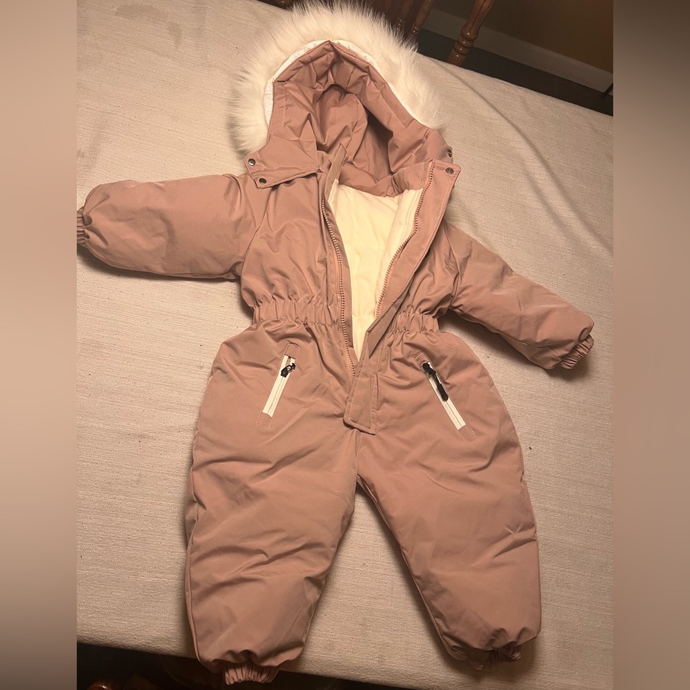 Pink Hooded Snowsuit with Fur Trim